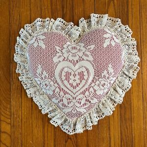 Vintage Heart Shaped Decorative Pillow Mauve Pink Lace Ruffle Trim Cottagecore